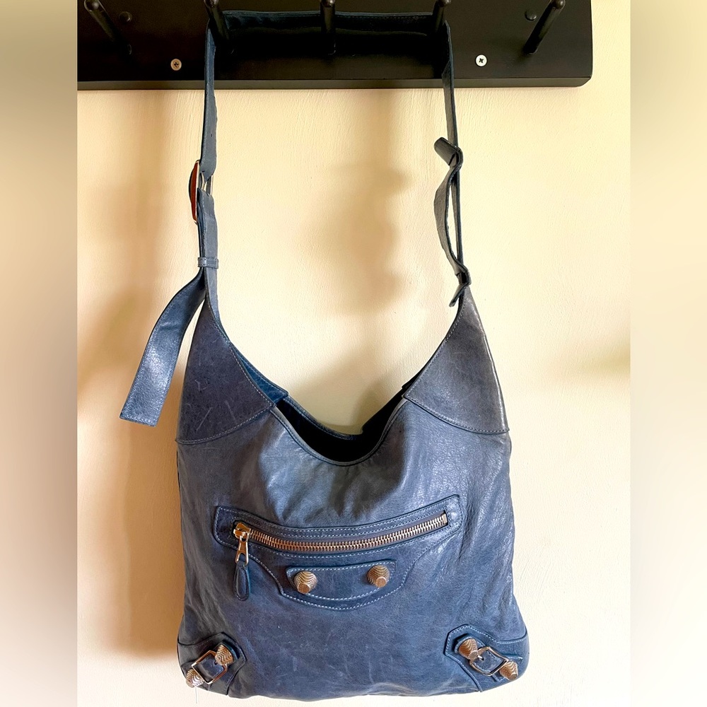 Balenciaga Paris blue bag/purse with zipper inside and adjustable straps.